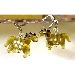 Yellow Horse Blown Glass Dangle Earrings Animal Figurine